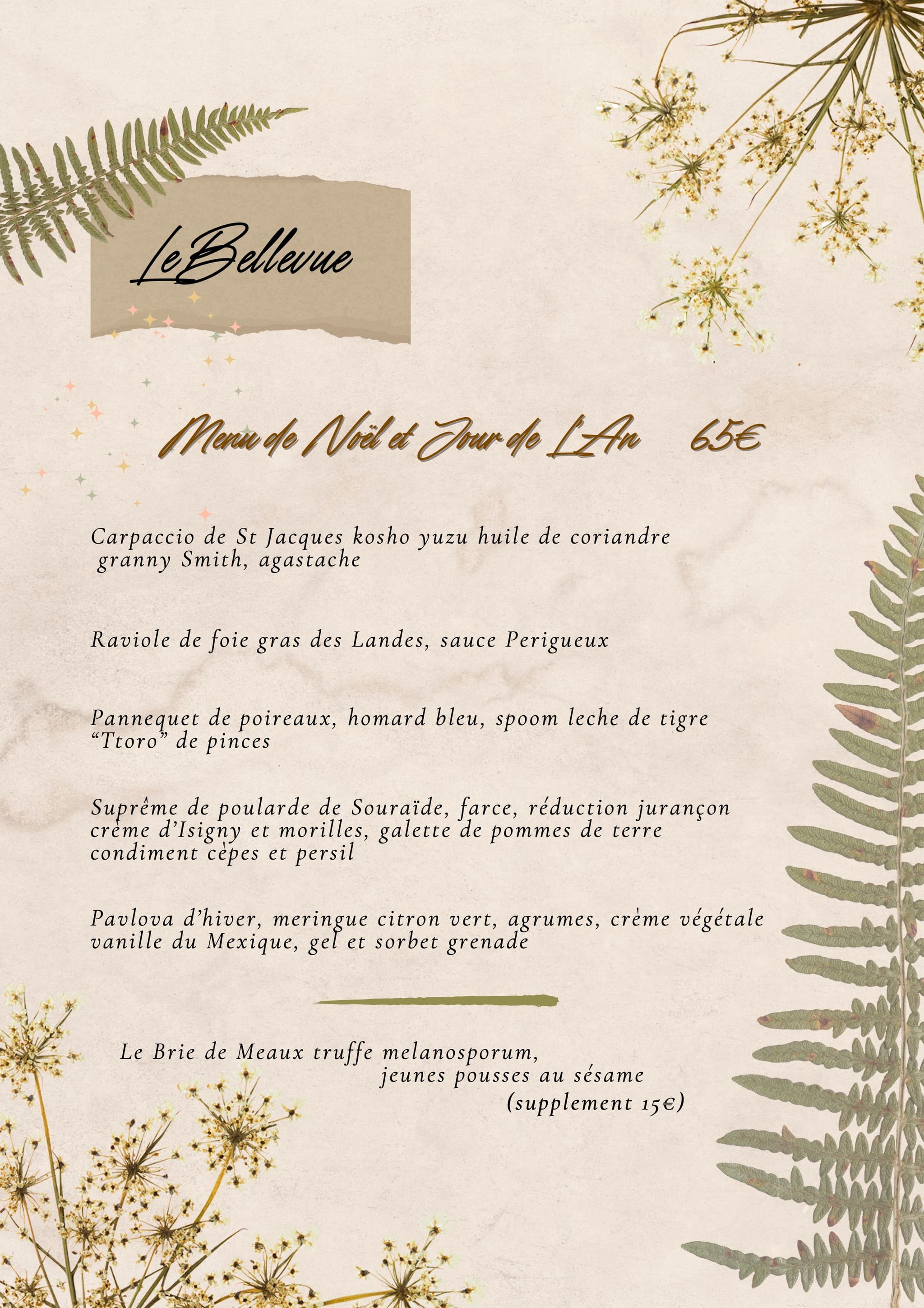 Menu des fêtes du restaurant Bellevue